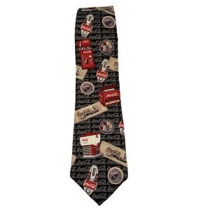 Vintage Coca Cola Necktie 100% Silk Black Red Soda Advertising Logo Collectible